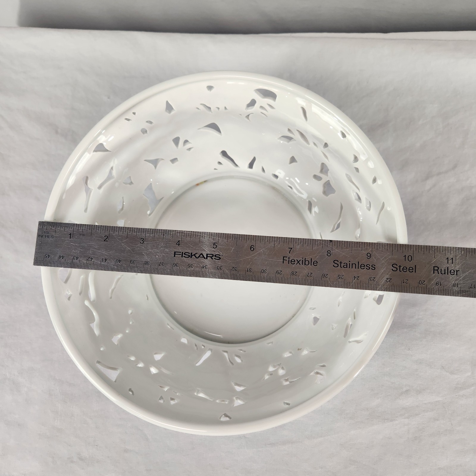 Vintage Pacific Rim Ceramic Bowl Filagree White Birds Fruit Leaves Cottage Farm