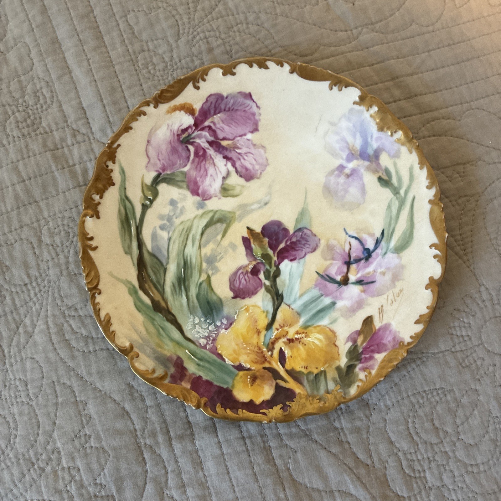 ANTIQUE LIMOGES HAND PAINTED FLORAL PLAQUE PLATE GOLD / SIGNED