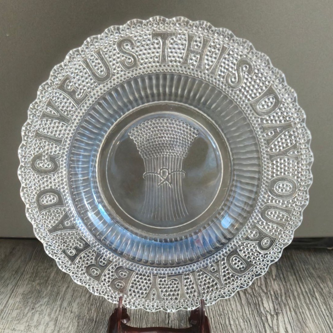 Antique EAPG Bread Plate Give Us This Day Our Daily Bread Glass Decor Religious