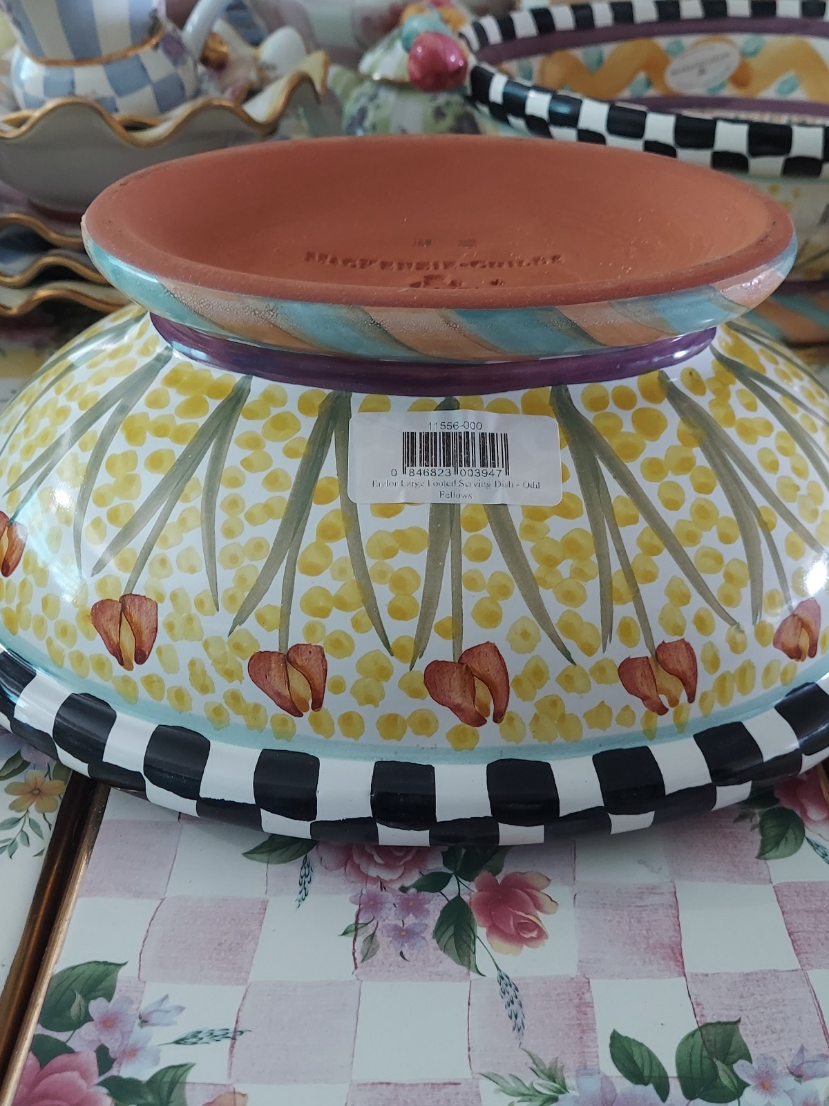 MacKenzie-Childs Taylor Odd Fellows Ceramic Footed Bowl With Courtly Check