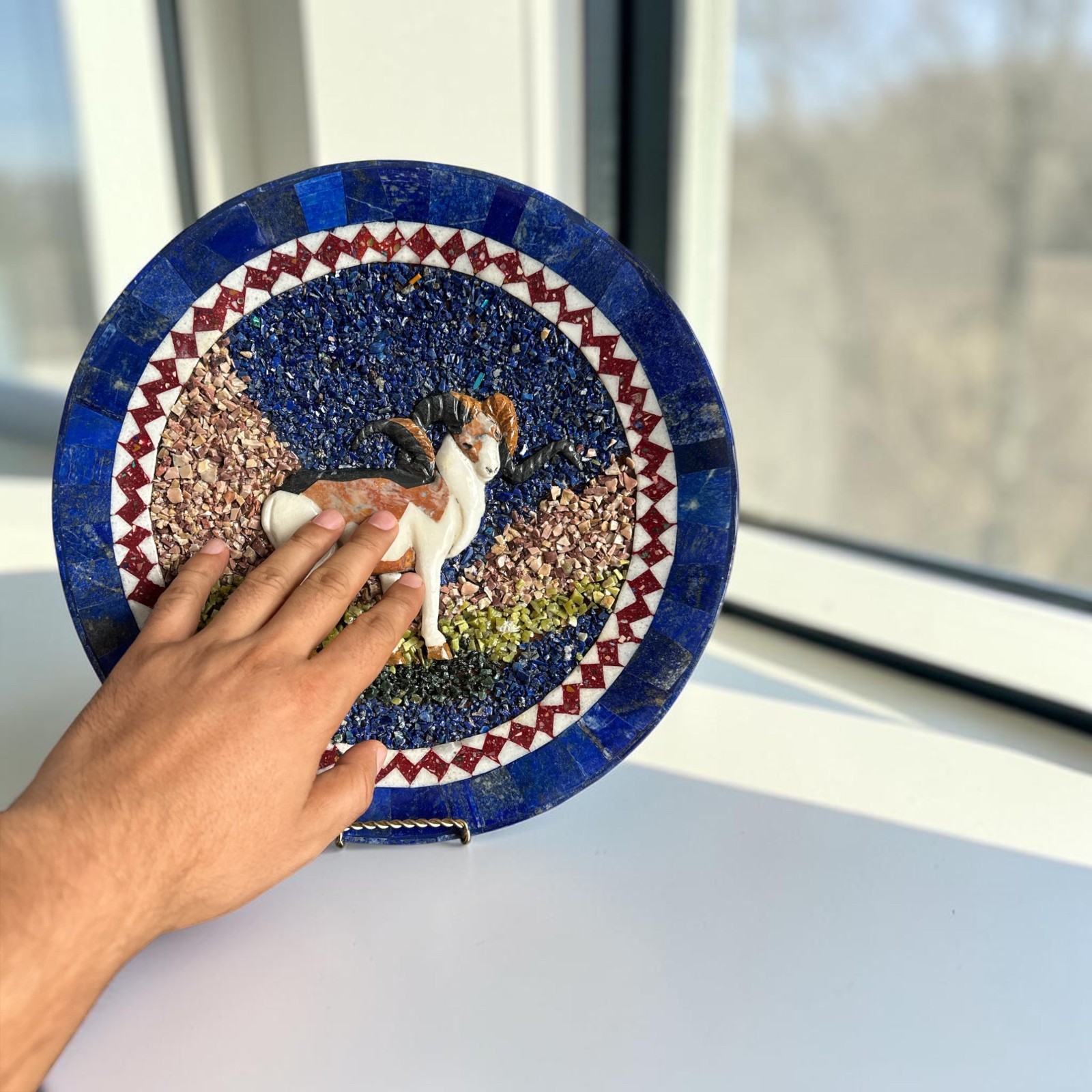 Handmade Lapis Lazuli & Marble Ram Plate | Afghan Stone Mosaic| 12″ Round Inlay