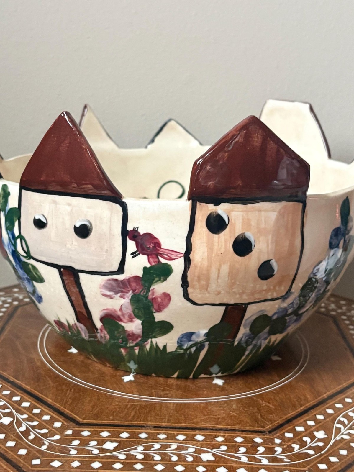 Vintage 1997 Expressly Yours Large Ceramic Serving Bowl Birdhouses