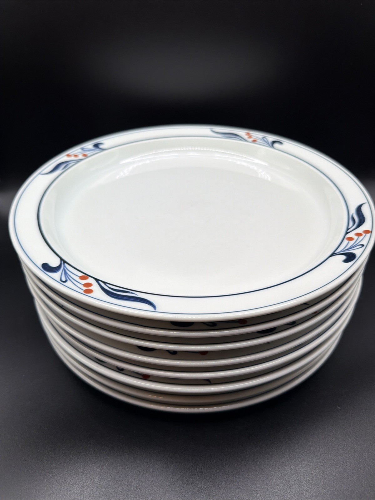 8 Dansk Bistro Maribo 10 3/8″ Dinner Plates Japan DANMAR Red Berries on Rim Blue