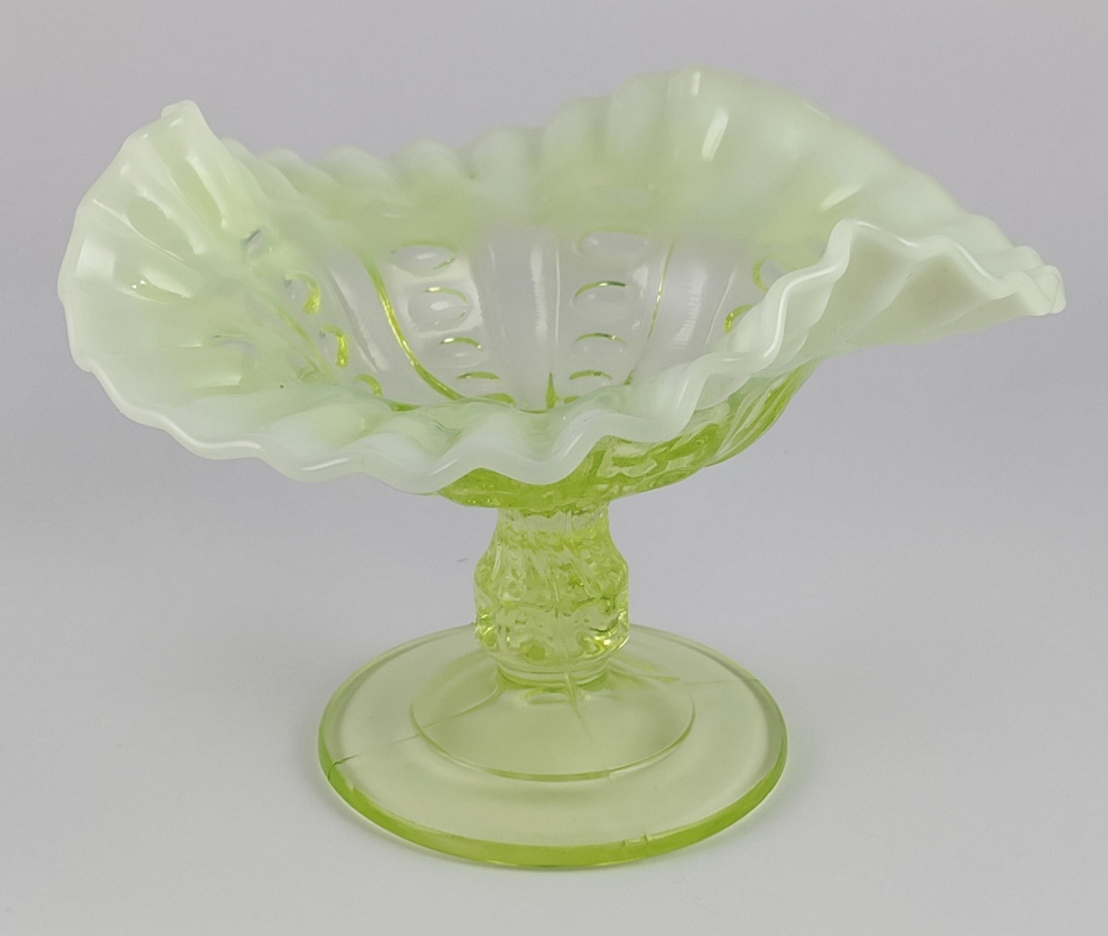 Antique Dugan Canary Opalescent Vaseline Glass Coin Spot Compote UV Glow