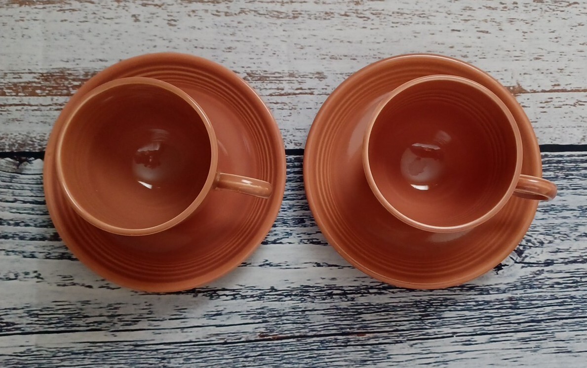 PAIR-VINTAGE HLC FIESTA 1950-1959 ROSE TEACUPS & SAUCERS EXCELLENT CONDITION