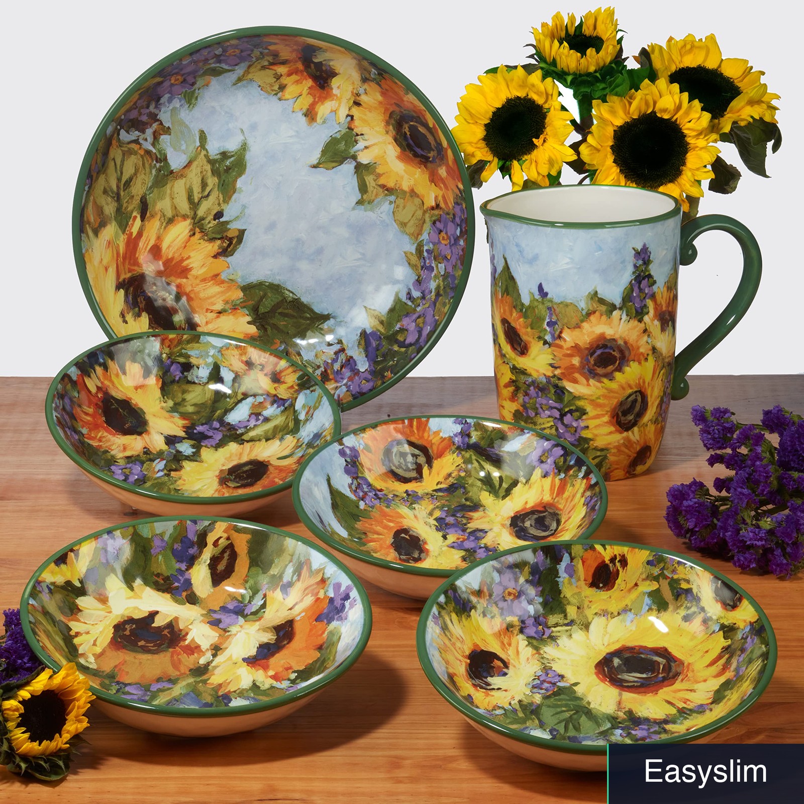 Serving Bowl 13 Inch Sunflower Bouquet Ceramic Multicolor Earthenware