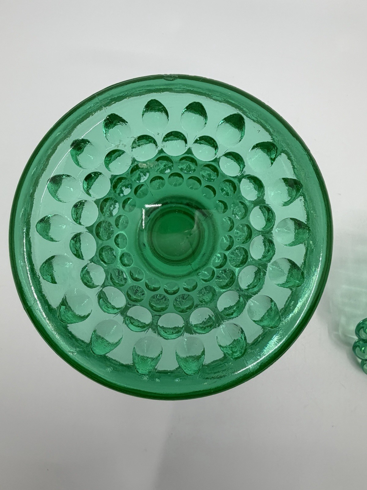 Vtg Fenton 1959 Emerald Green Opalescent Hobnail Lidded Candy Bowl Crack Glows