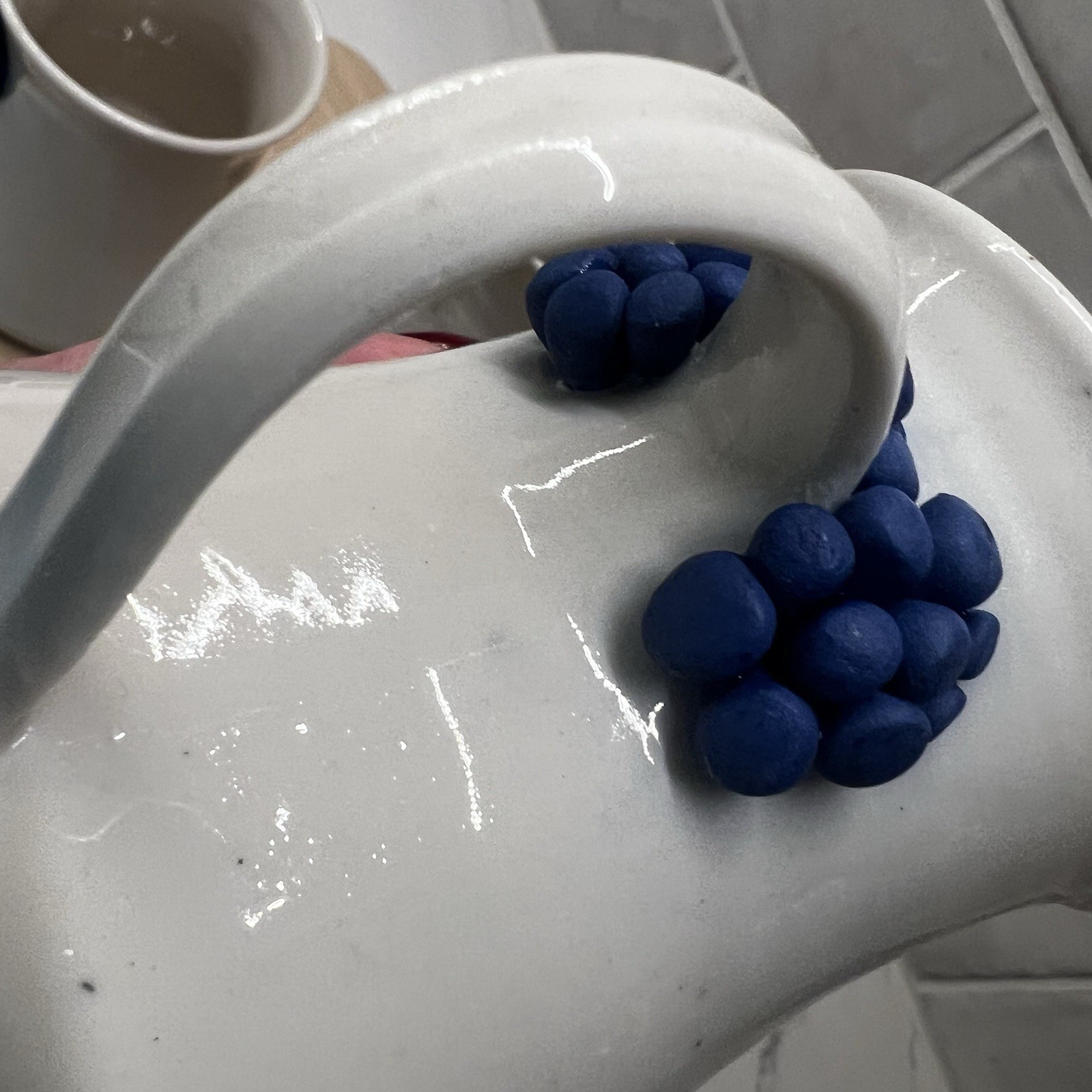 3 Handmade Pottery Mugs with blue grape design around handle, signed by artist