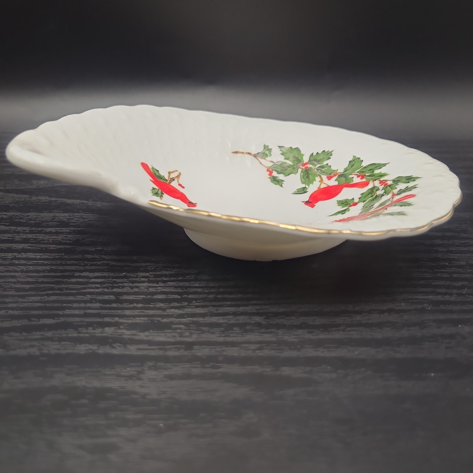 Vintage 1988 Lefton Bone China Red Cardinals & Holly Trinket Dish