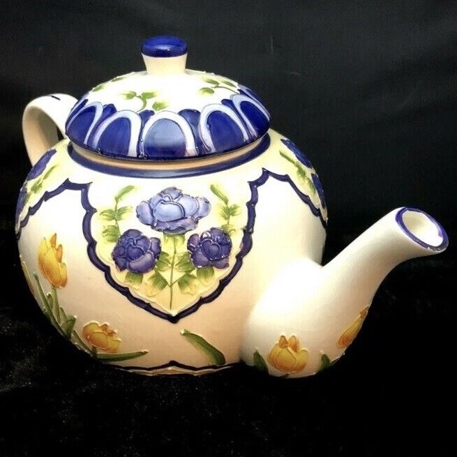 Thoma’s Plant Basket Very Large Embossed Floral Teapot Hand Painted 13 Cup 104oz