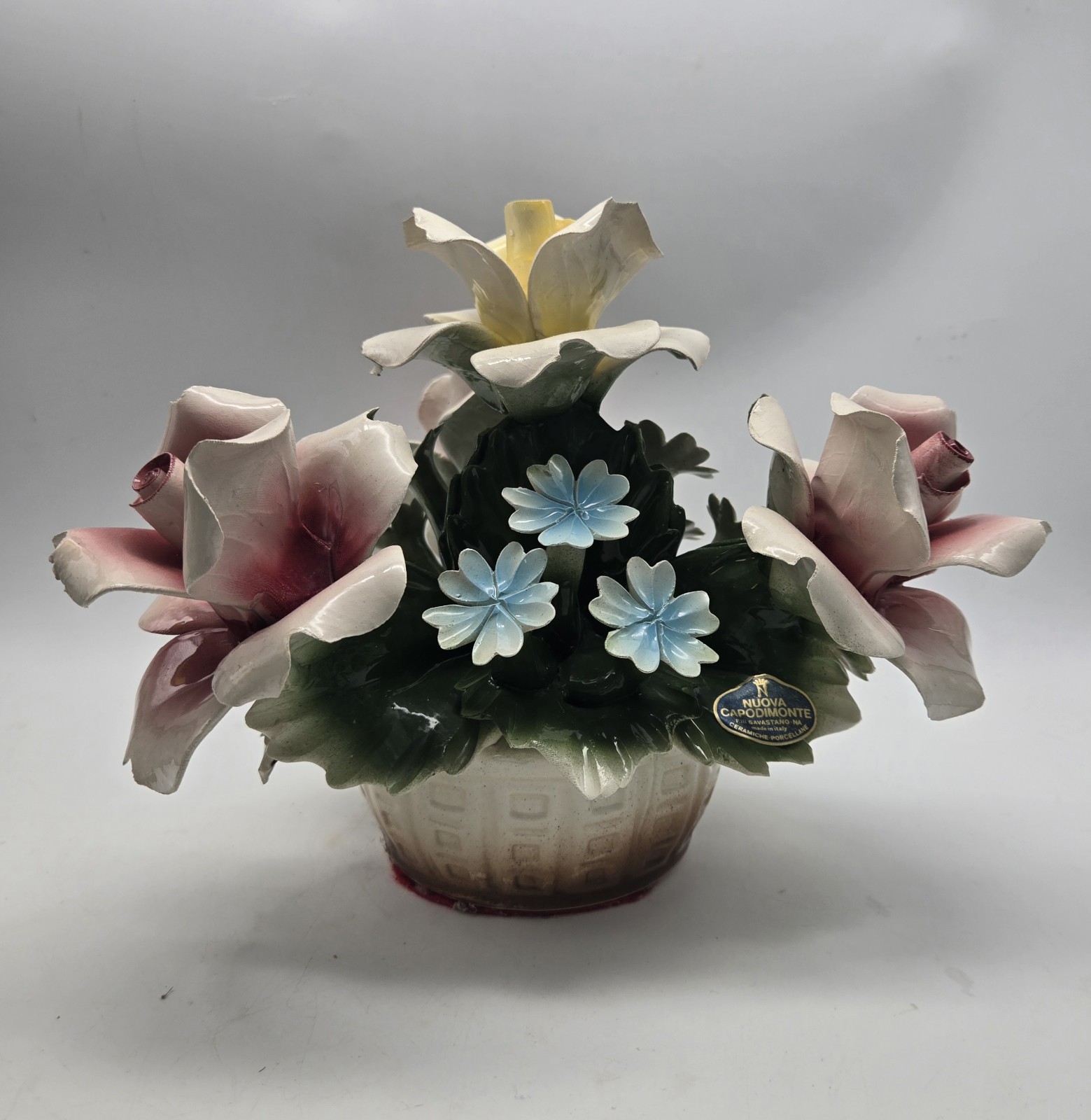 Capodimonte Italy Pink Yellow Roses Blue Ceramic Flowers Nuova Centerpiece Vtg
