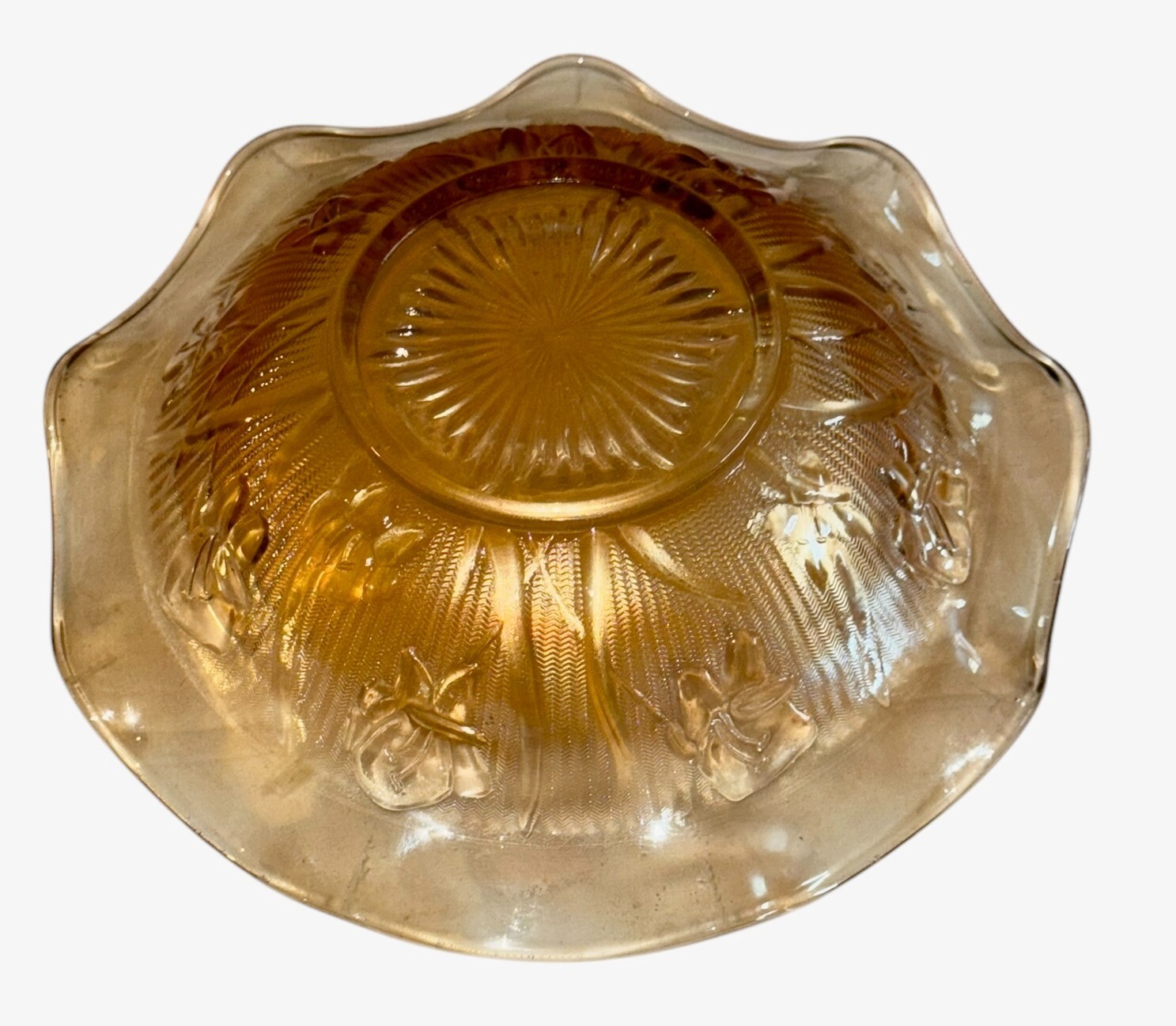 Jeanette Glass Iris and Herringbone Marigold Carnival Iridescent 9.5″ Bowl