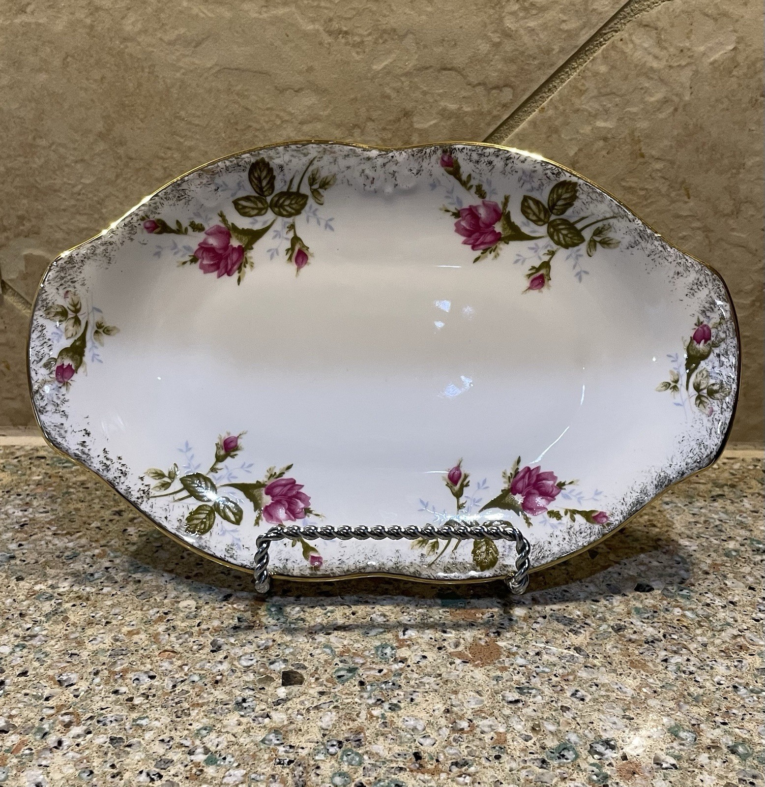 Vintage Serwis Floral Porcelain Relish Plate Oval White Pink Green Gold Poland