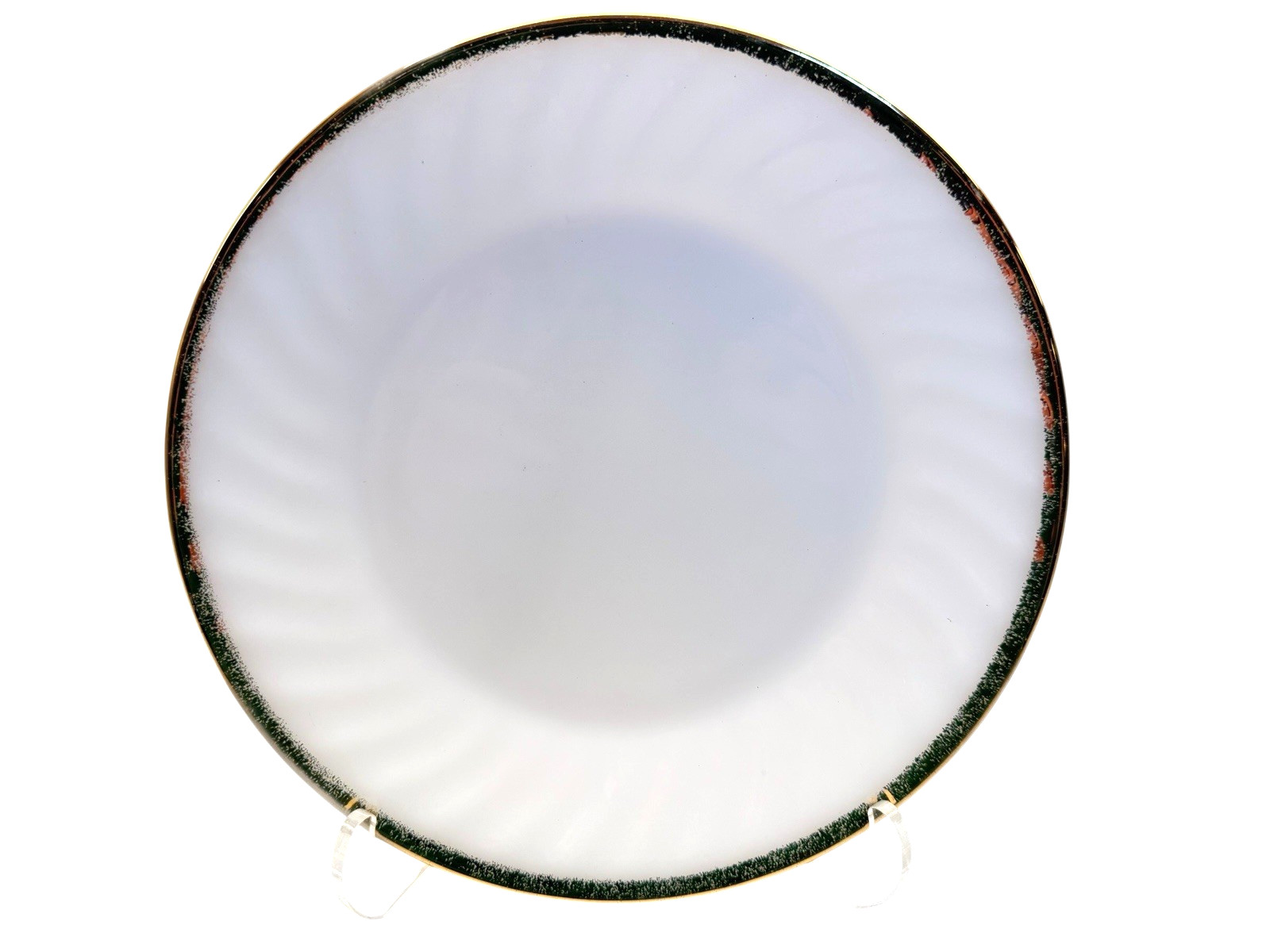 PRISTINE Vintage Fire-King Swirl 7.5″ Coupe Soup Bowls Smooth Rim Gold -Set of 2