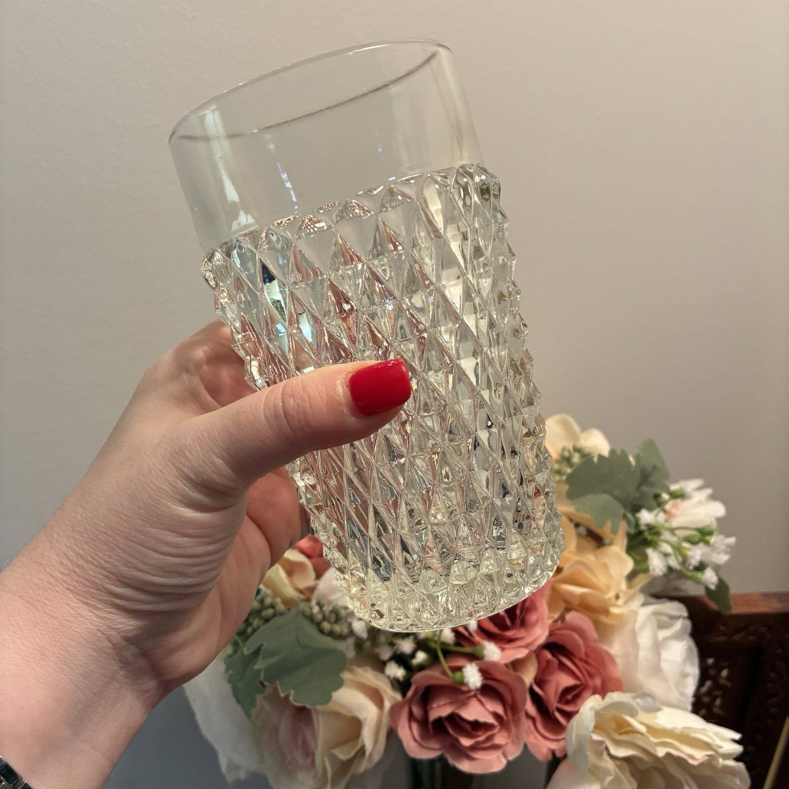 Vintage Indiana Glass Co. Pitcher Clear Diamond Point 52 oz+5 Glasses Water Tea