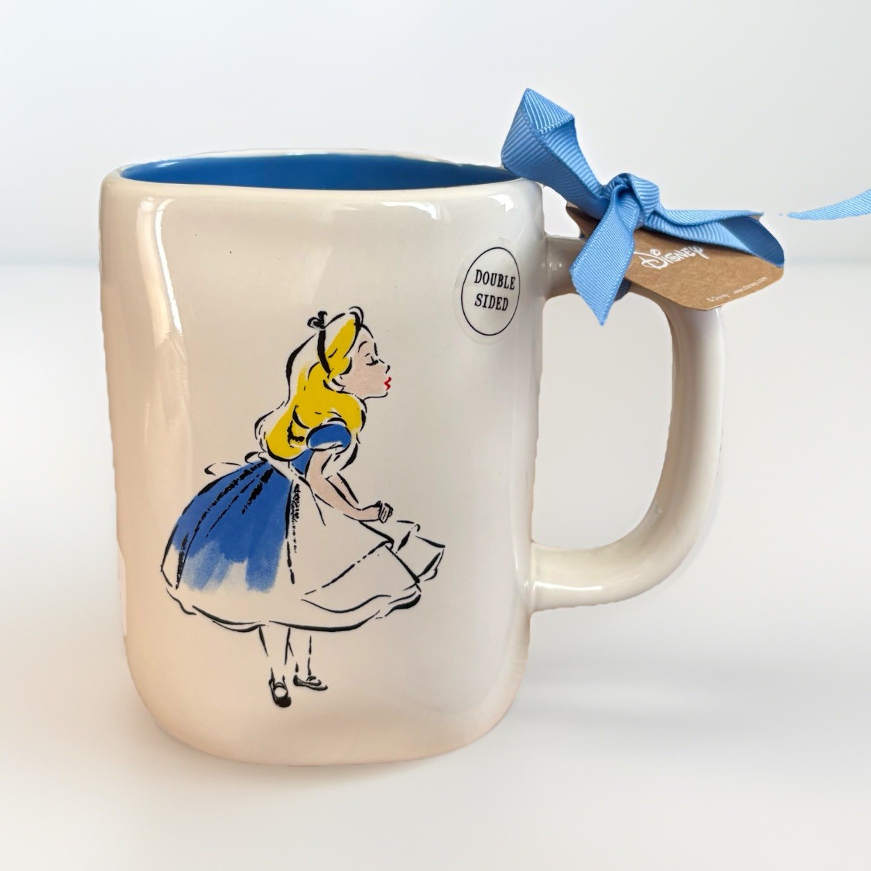 NWT RAE DUNN DISNEY ALICE IN WONDERLAND Double-Sided Ceramic Mug White/Blue Y2K