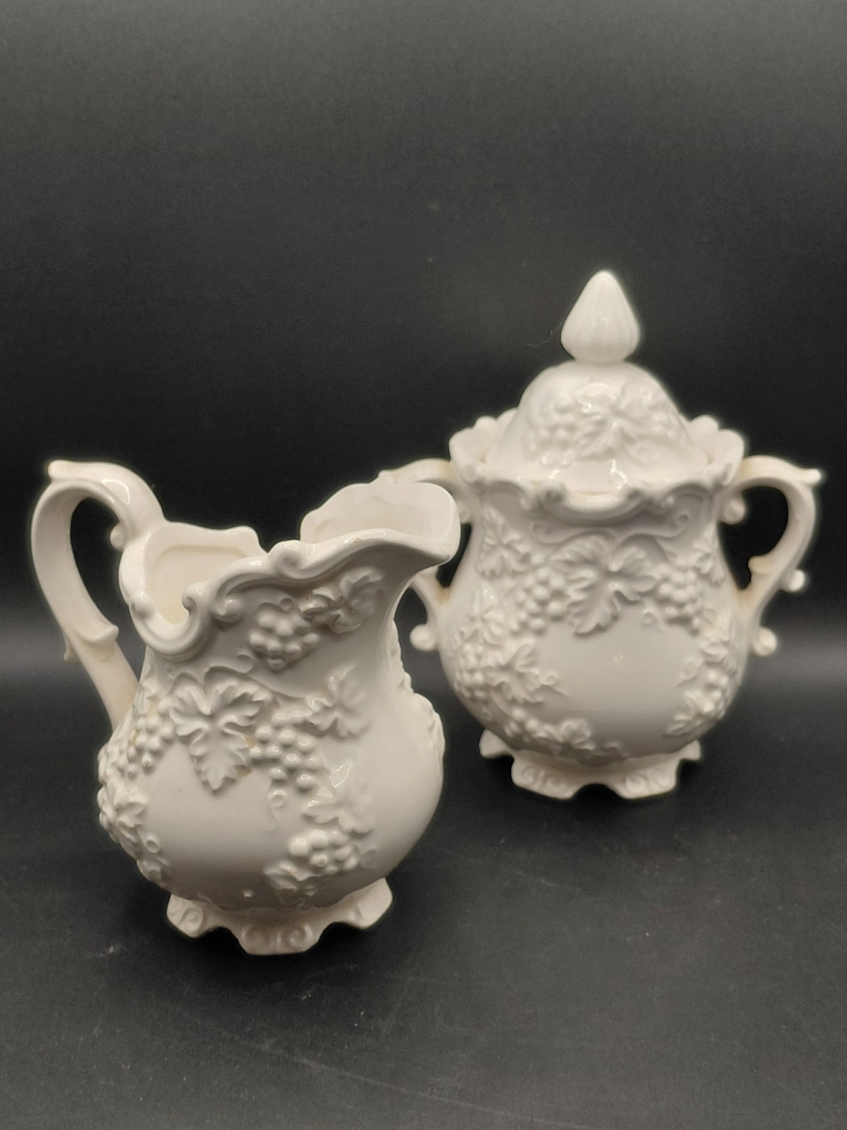 Vintage Indiana Glass Harvest Grape White Milk Sugar & Creamer Pair Mid Century