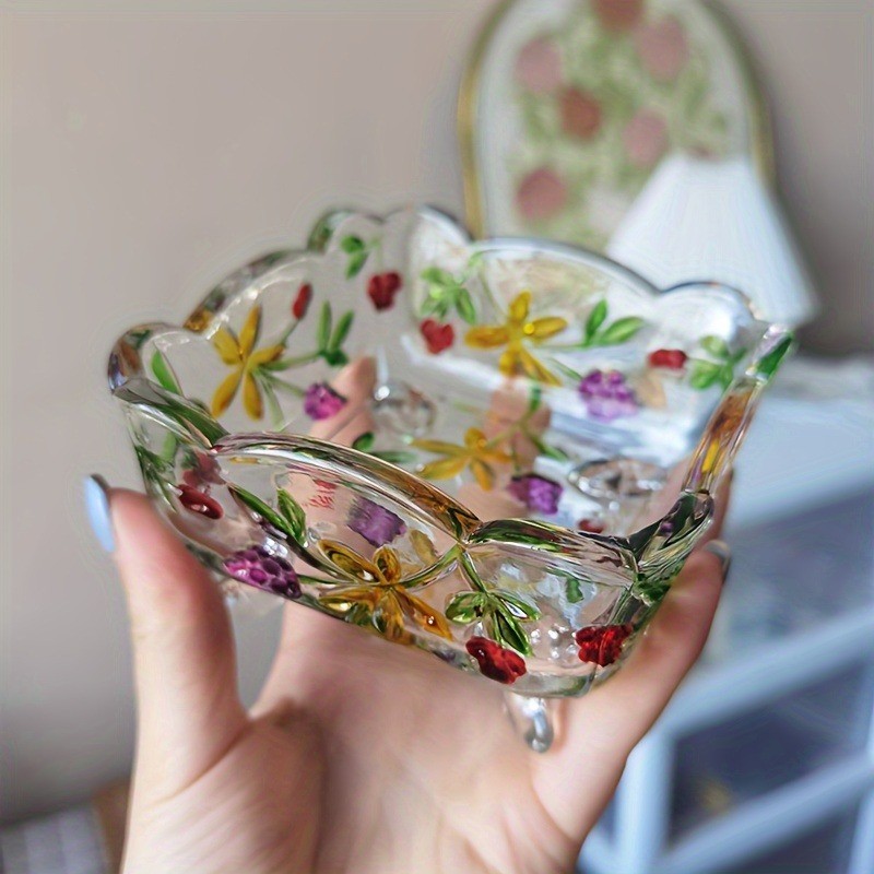 Glass Salad Bowl With Vintage Floral Serving Dish Fruit Bowl Colorful Home Decor