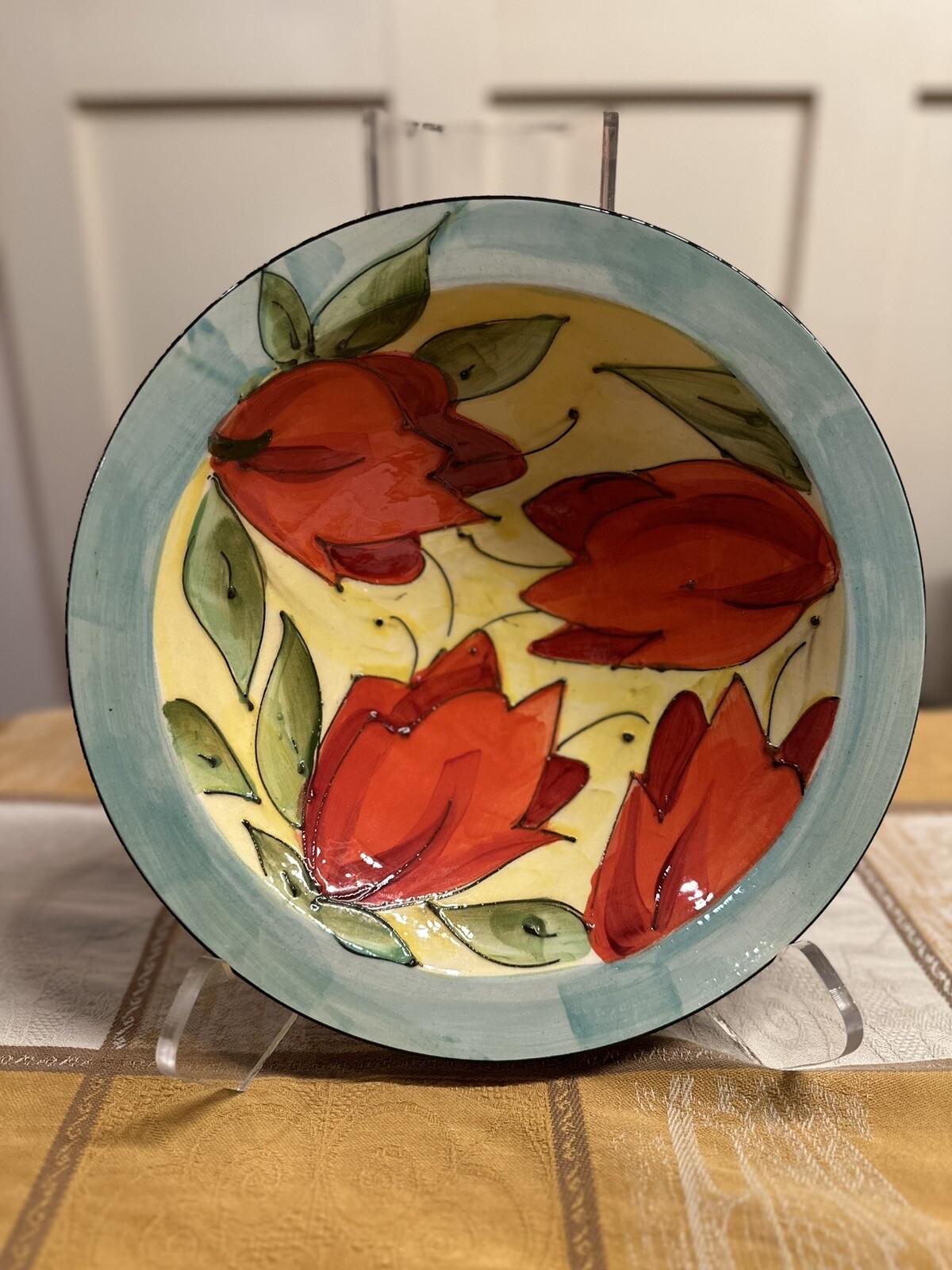 Denise Ford Original signed – Medium Glazed Ceramic Bowl – Red Bell Flower ’98