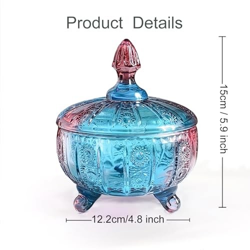 Purple-Blue Glass Candy Dish with Lid,Embossed Candy Jar with Lid 16Oz,Vintage