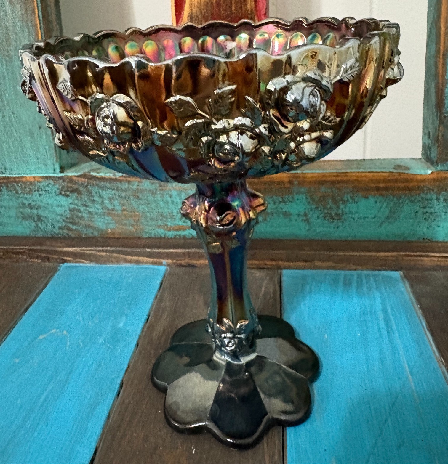 Vintage Beauty Fenton Amethyst Carnival Glass Cabbage Rose Compote Approx 7.5”H