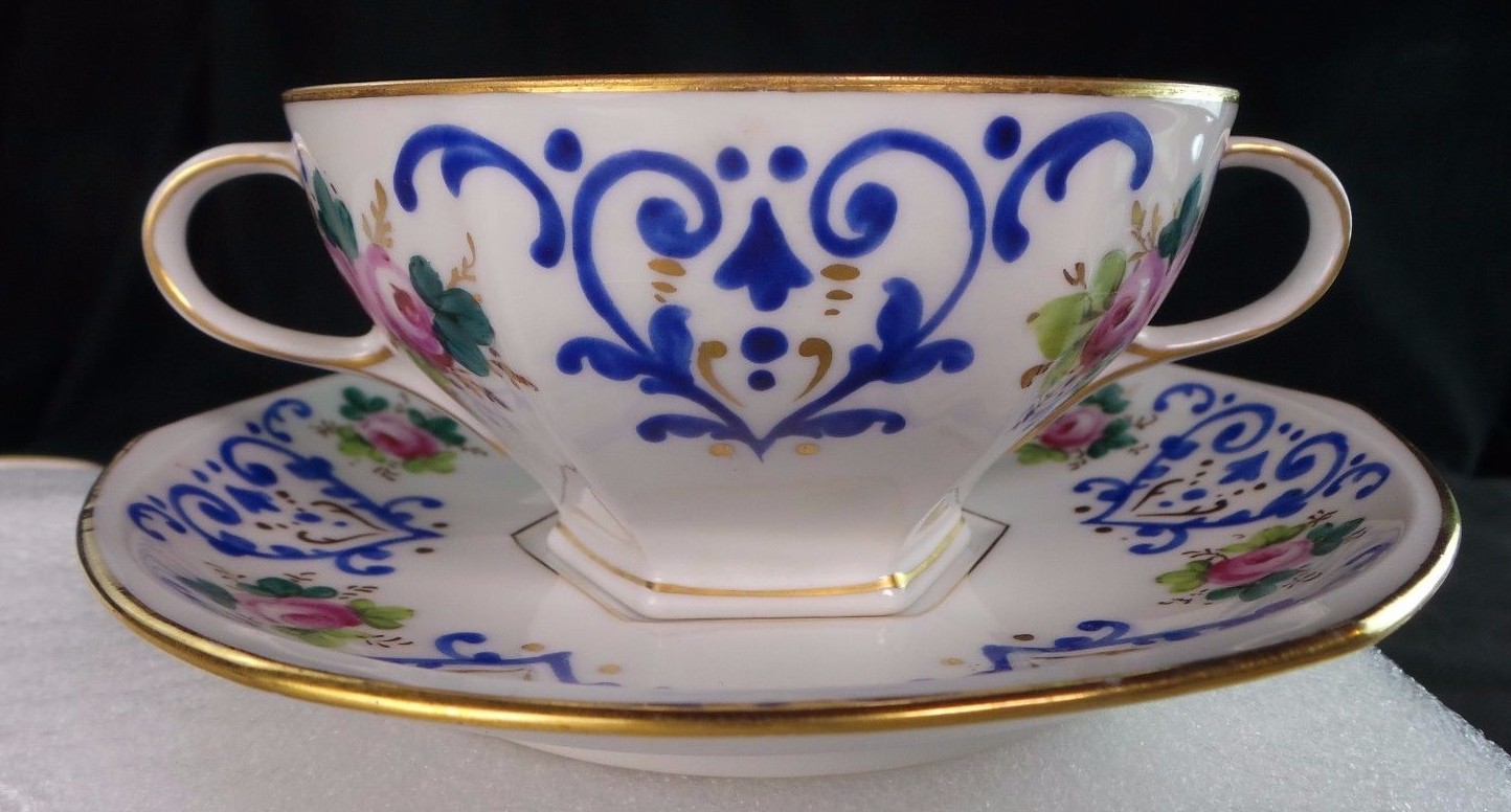 13 Howell & Hubbard / Hutschenreuther Soup Bouillon Wh & Cobalt Blue Hand Paint