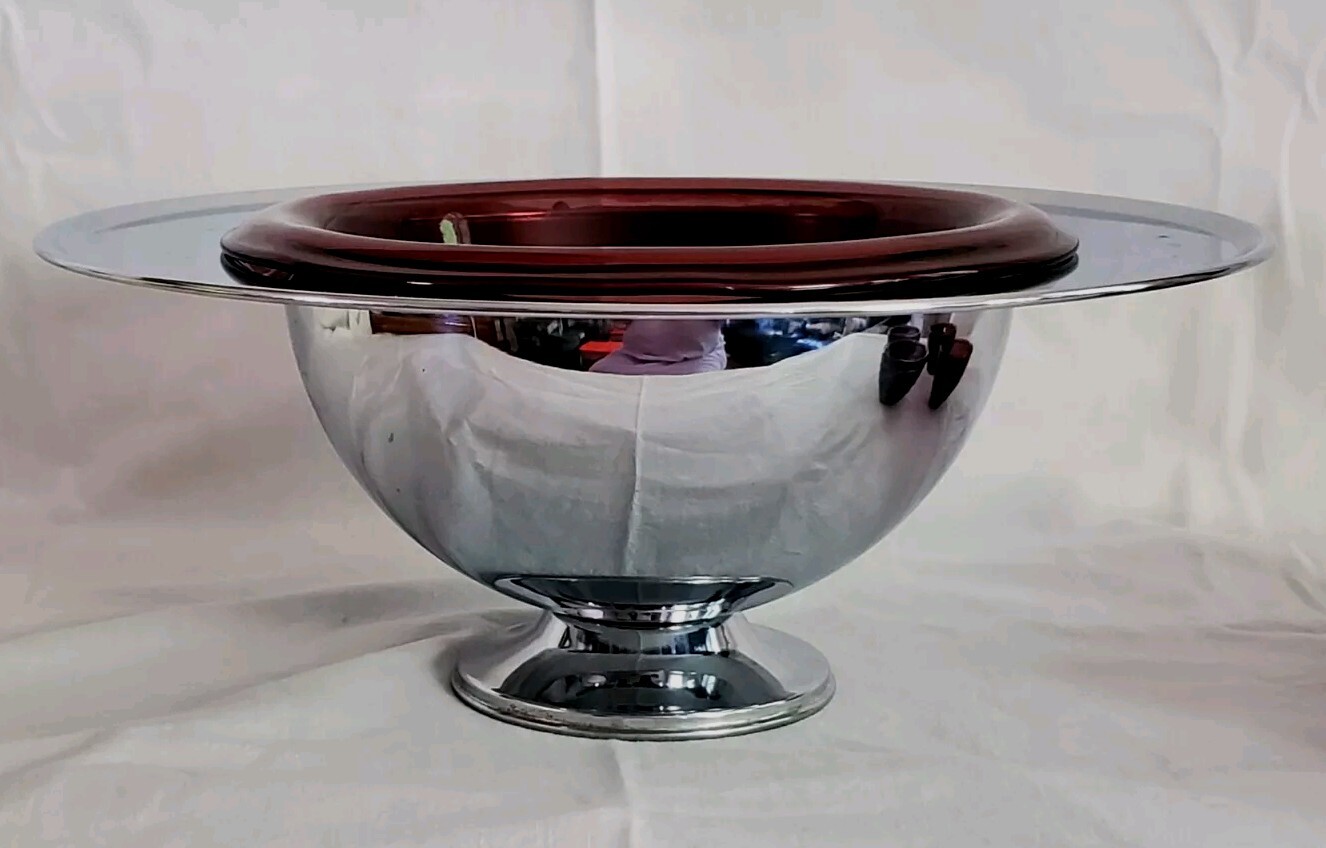 Vtg 30’s Hazel Atlas Purple Amethyst Punch Bowl Chrome Art Deco Moderntone Cups