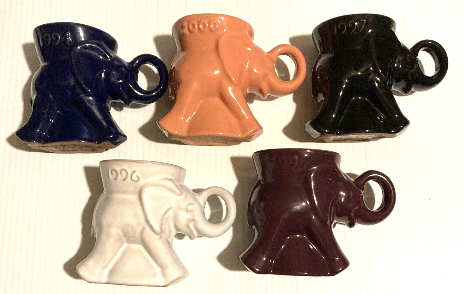 Set Of 5 FRANKOMA Pottery GOP Elephant Mugs 1994, 1995, 1996, 1997, 2000.