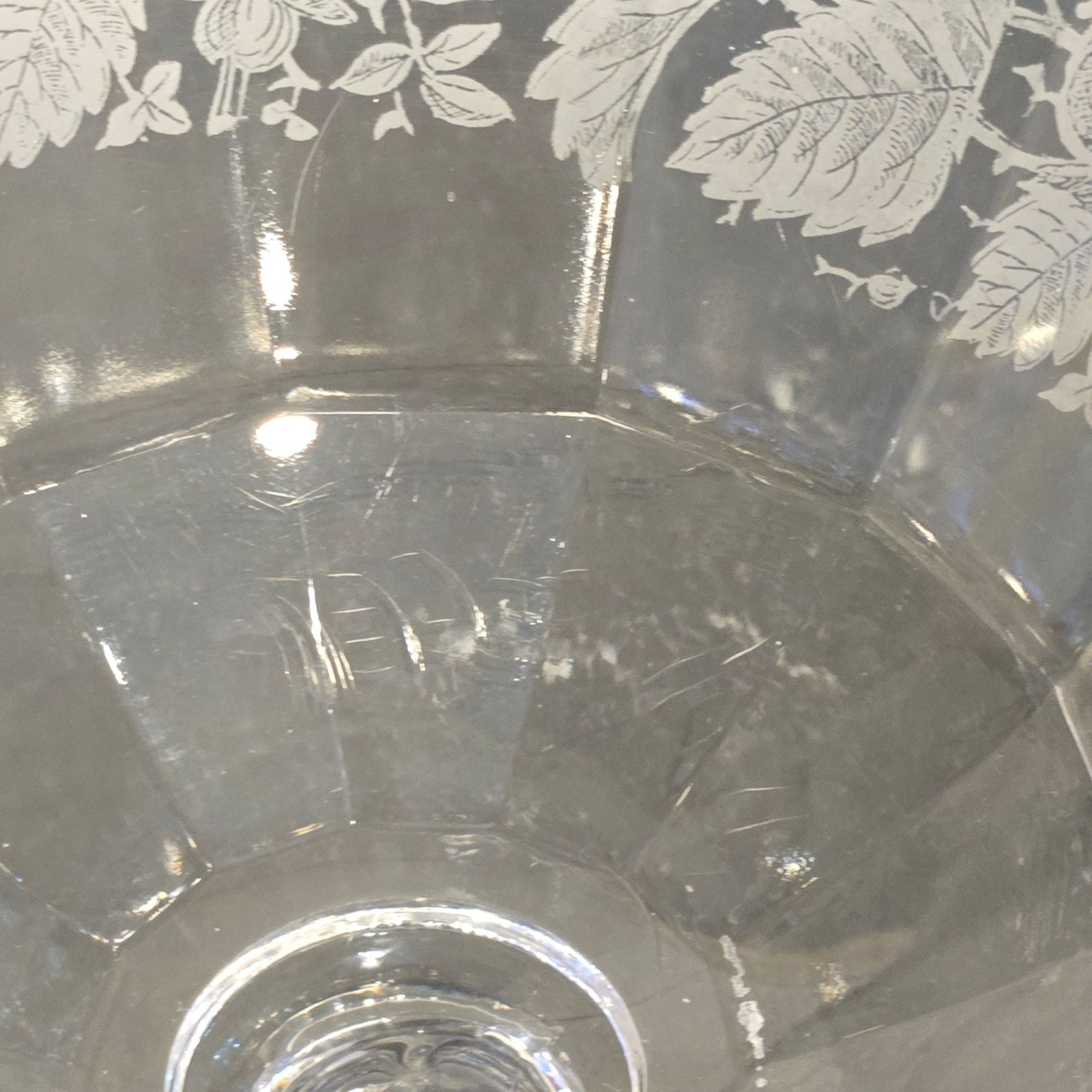 Antique Etched Glass Pedestal Compote Scalloped Rim Elegant Glass Bowl leaves