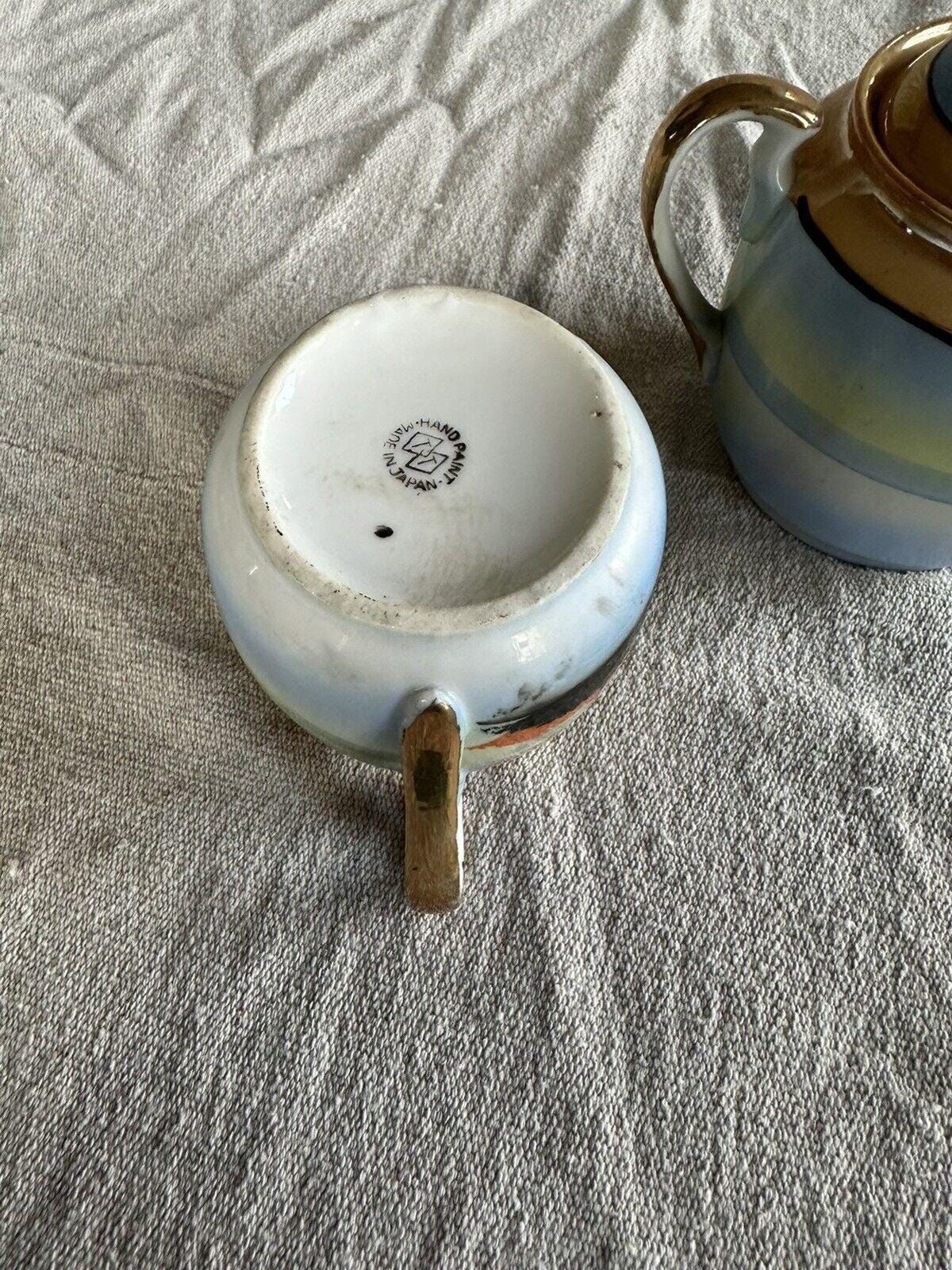 VTG Creamer and Sugar Bowl Japan Lake Trees Windmill Blue Orange Gold Trim