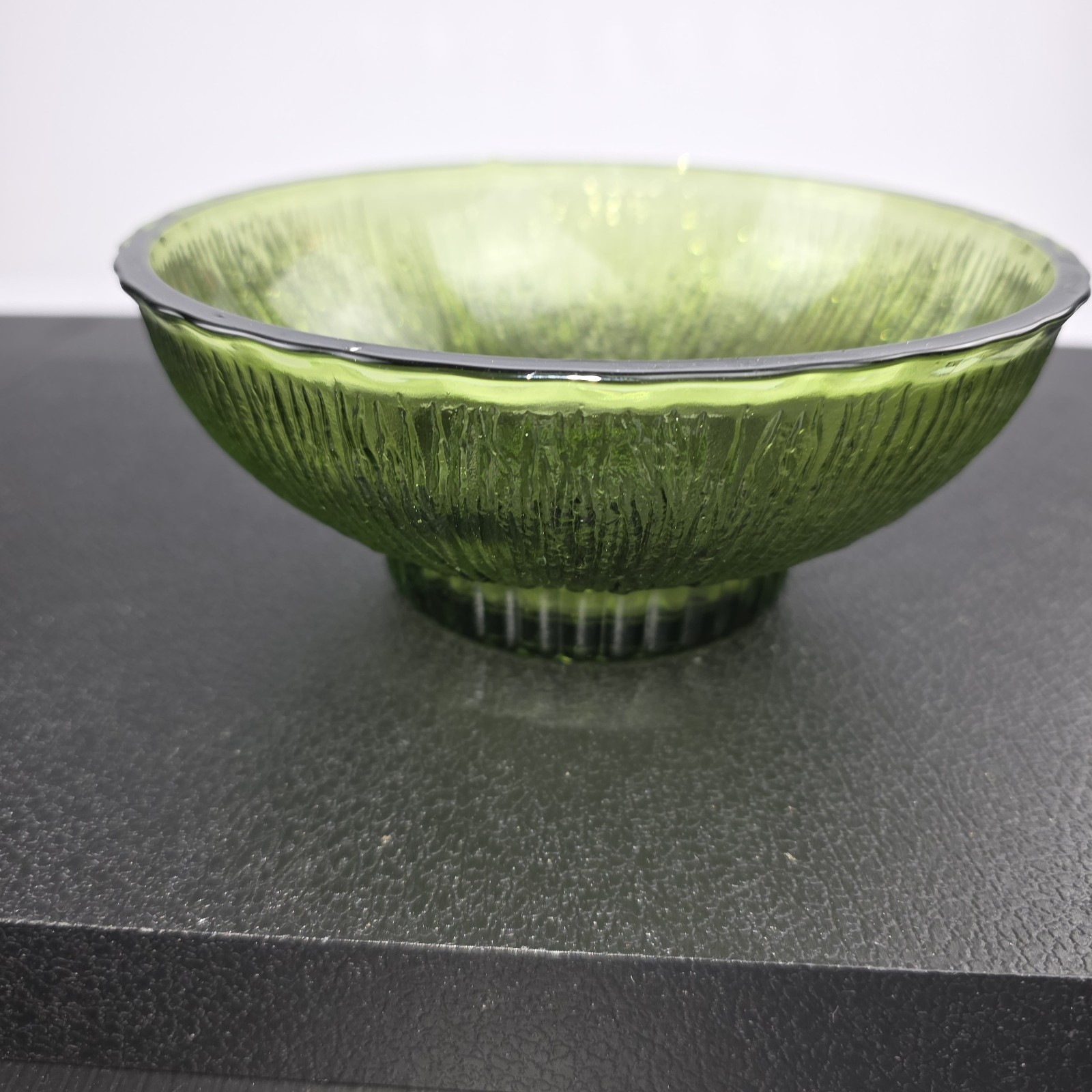 Glass Snack Bowl Dish Vintage Mid-Century 1975 MCM FTD Green Tree Bark Rippled