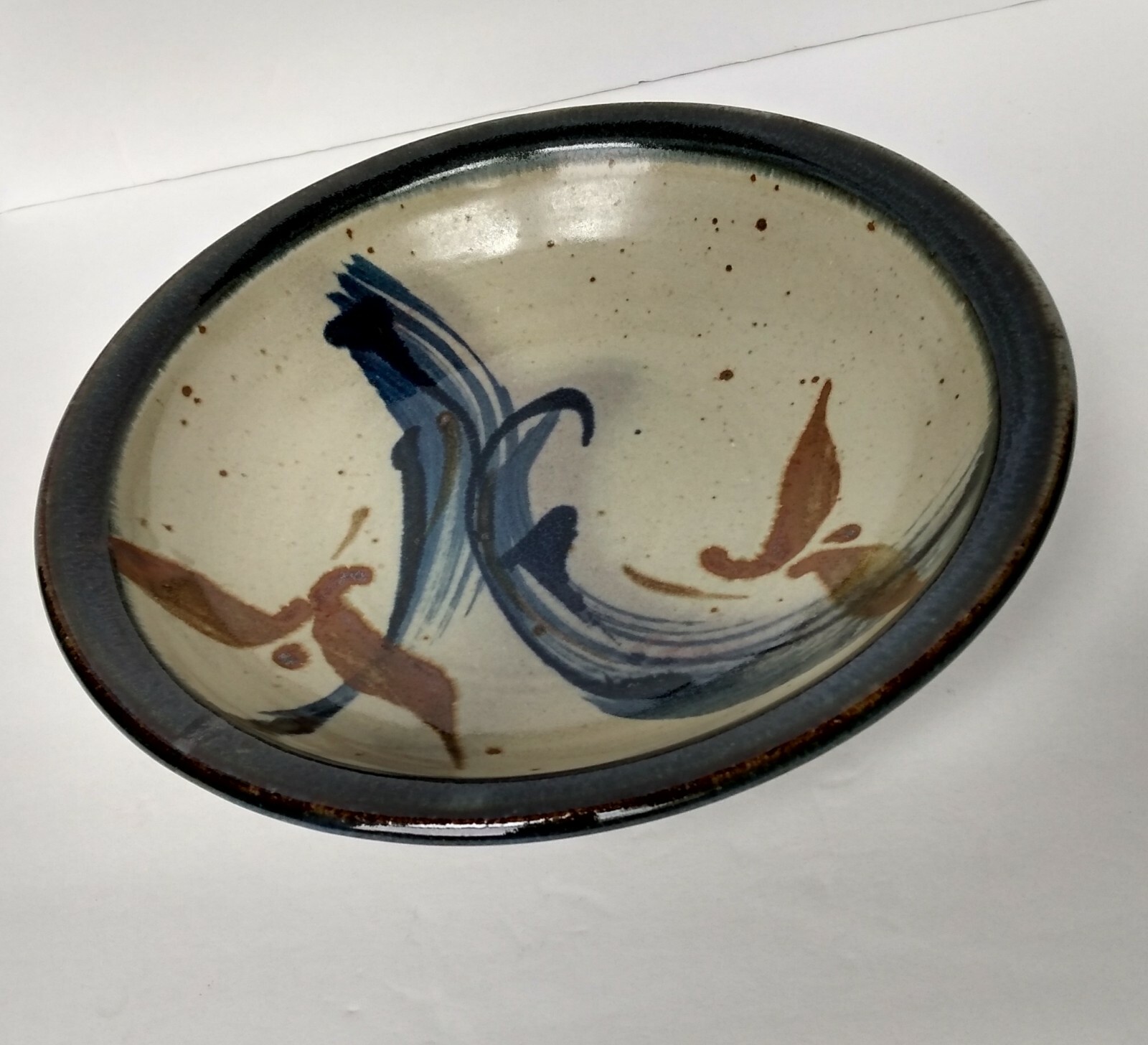 Medium Ceramic Stoneware Earthenware Bowl Dish Plate Blue Brown Rustic, Signed