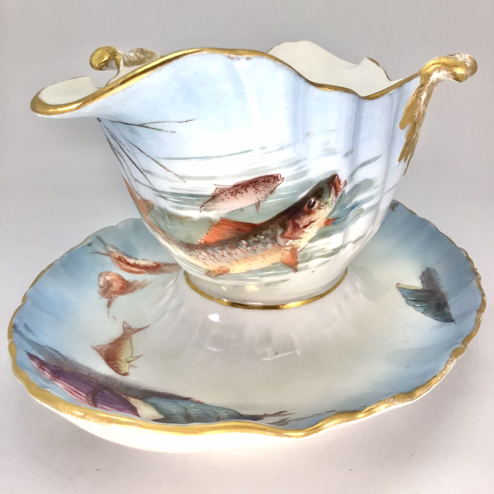 Wm Guerin Limoges Fish Gravy Sauce Boat Attached Underplate Hand Painted France