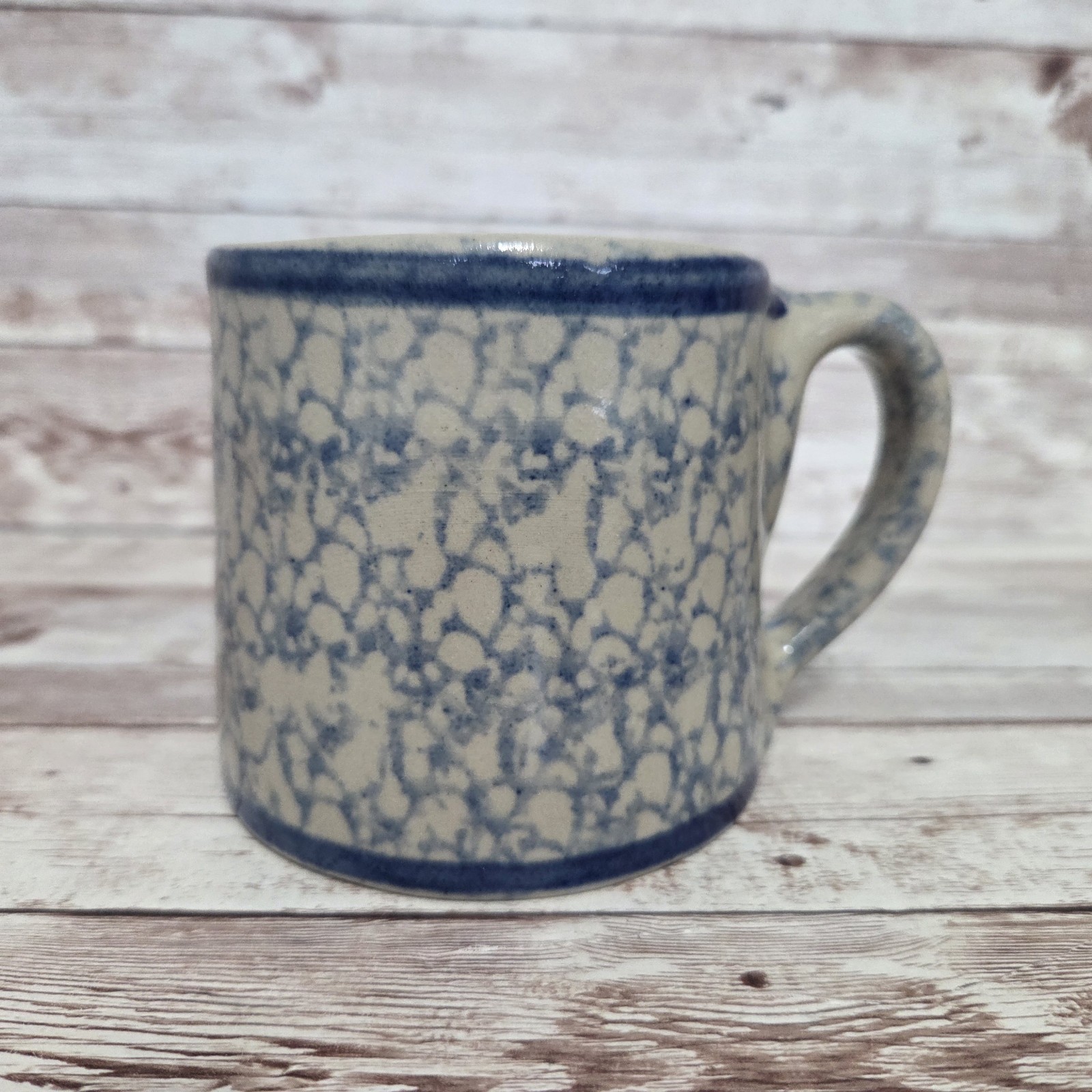 Vintage Beaumont Brothers Pottery Blue Spongeware Coffee Mug Salt Glaze