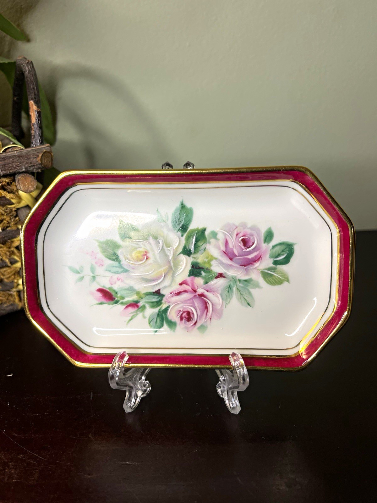 La Reine Limoges France Porcelain Vanity Tray Dish Hand Painted Roses Gold Trim