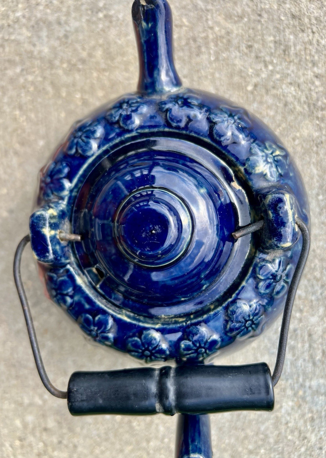 Cobalt Blue Yellow Ware Tea Pot 19th Century American Rare Blue Glaze Circa 1880