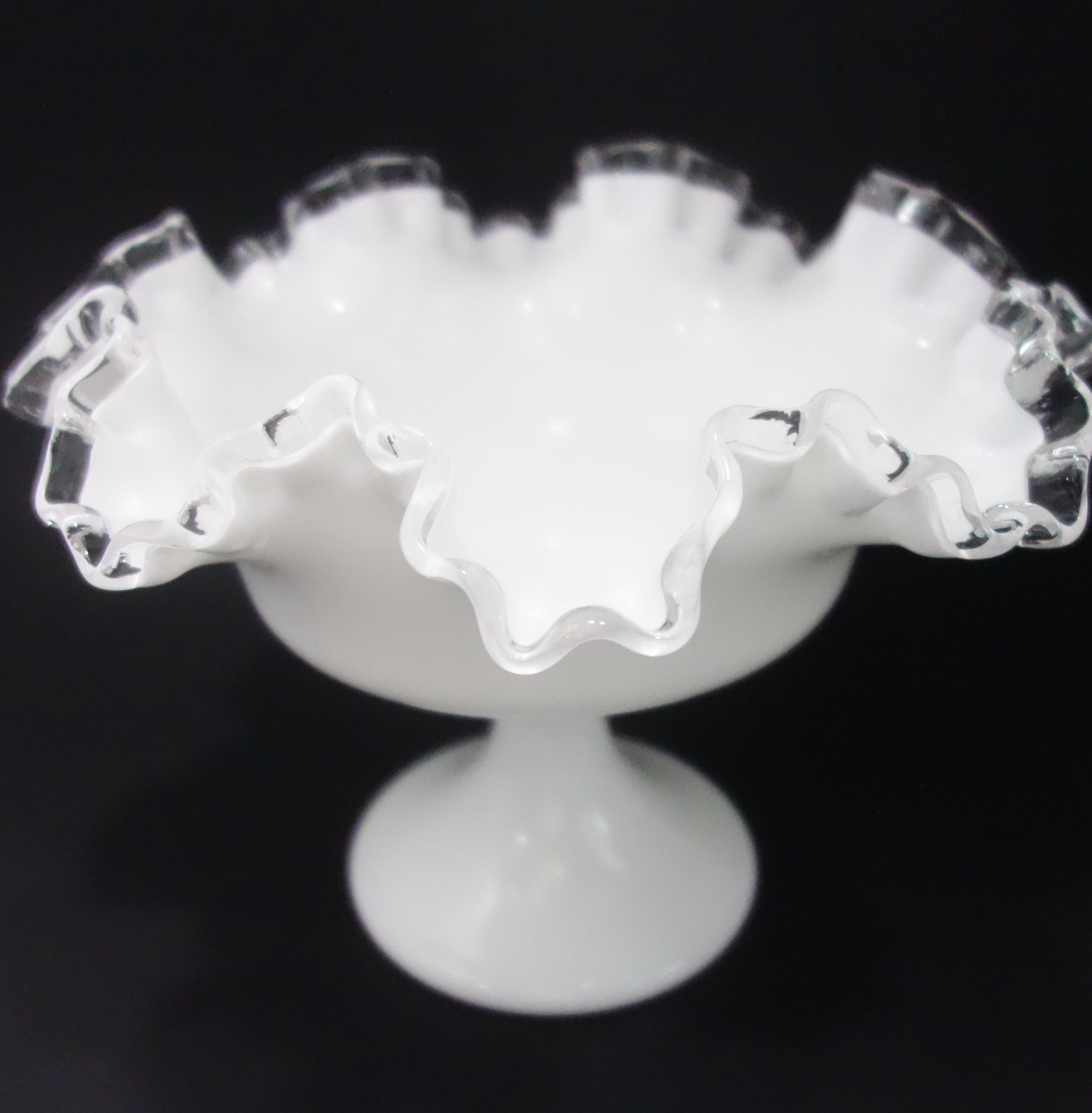 Vintage Fenton Silver Crest Milk Glass Footed Pedestal Bowl Ruffled Edge 6″ Tall