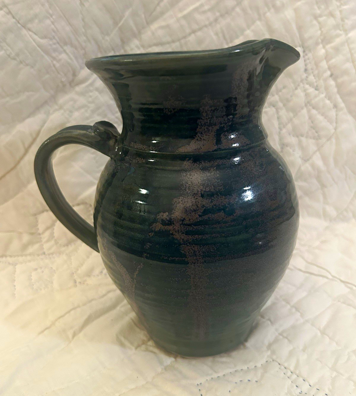 Dark Green Glossy Pottery Pitcher w/ Handle & Pour Spout, Signed eK Jordan 8in
