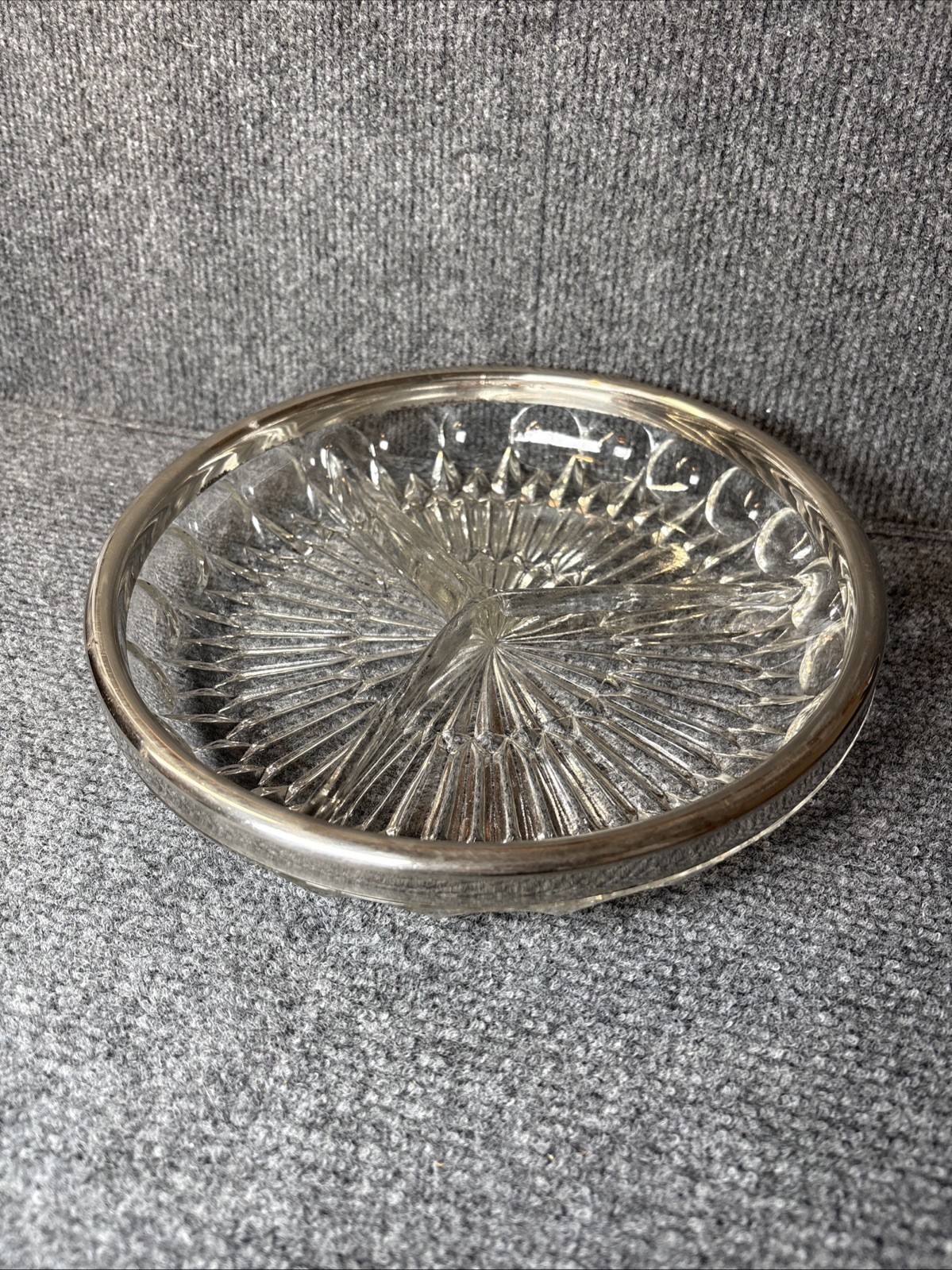 Vintage Pressed Glass 3 Part Relish Dish 9″ With Metal Band 2 1/2 Pounds