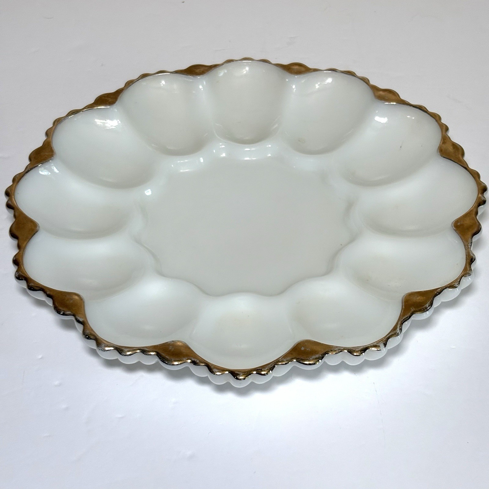 Vintage Anchor Hocking White Milk Glass Gold Trim Deviled Egg Plate 10”