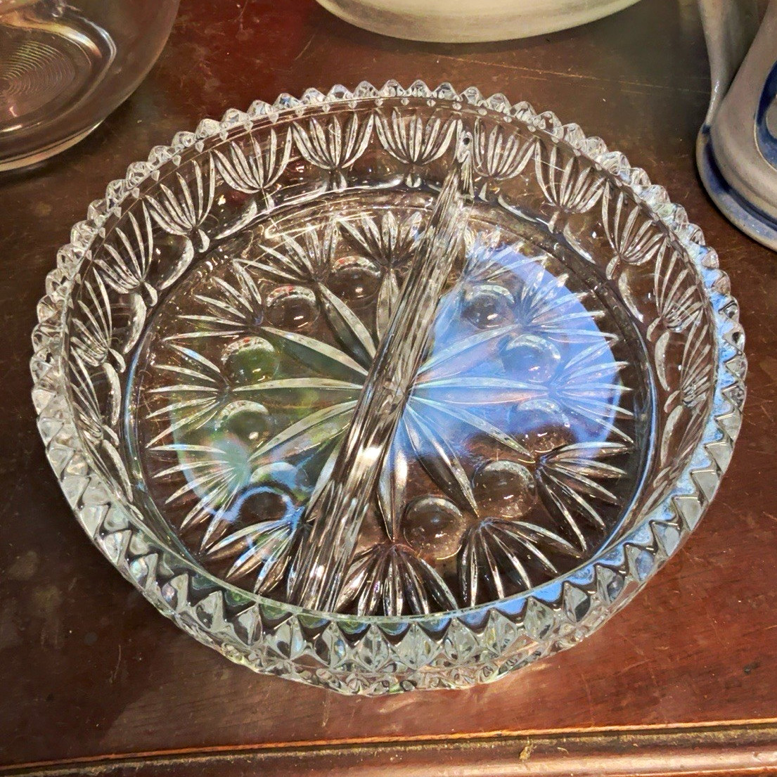 Vintage Clear Glass Divided candy Dish 7” Starburst Fan Pattern