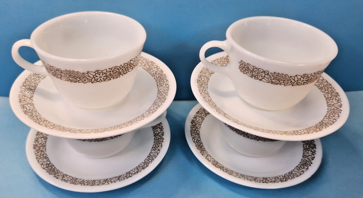 CORELLE WOODLAND BROWN SET OF 4 TEA CUPS AND SAUCERS PYREX MADE IN USA