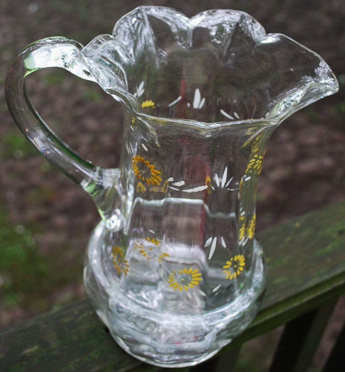 Antique Victorian PITCHER Clear Optic Glass FLORAL ENAMELED DAISIES Petal Rim