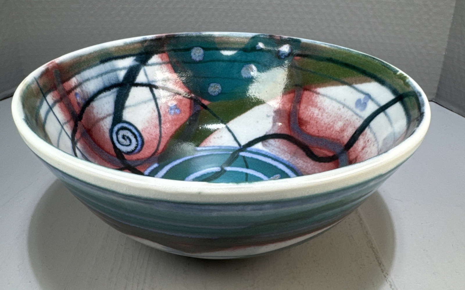 Studio Art Pottery Abstract Design Colorful Blue Green Red Artisan Signed 10″