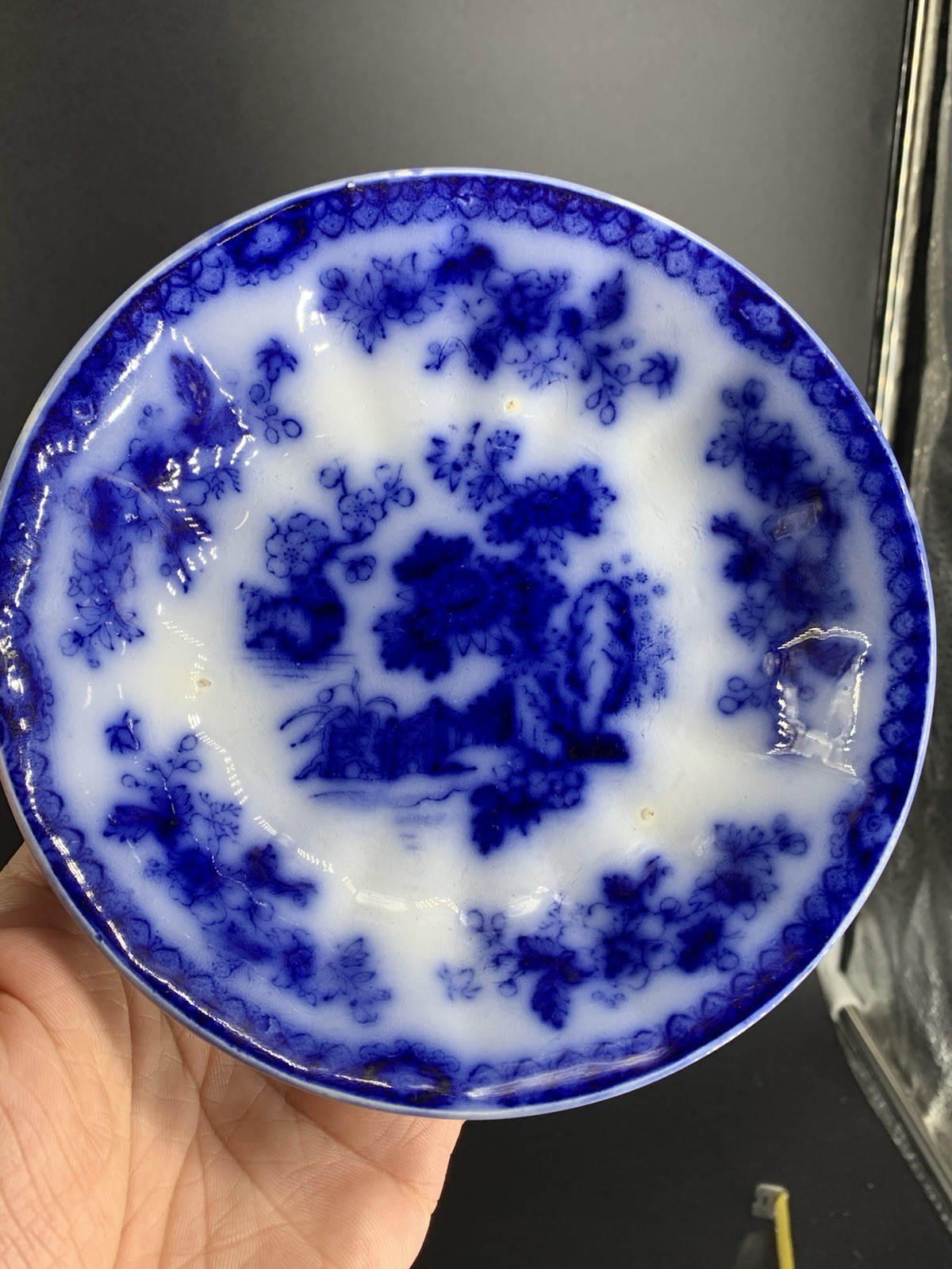 1840s Indian Flow Blue Cup & Saucer Porcelain Handleless F R Pratt