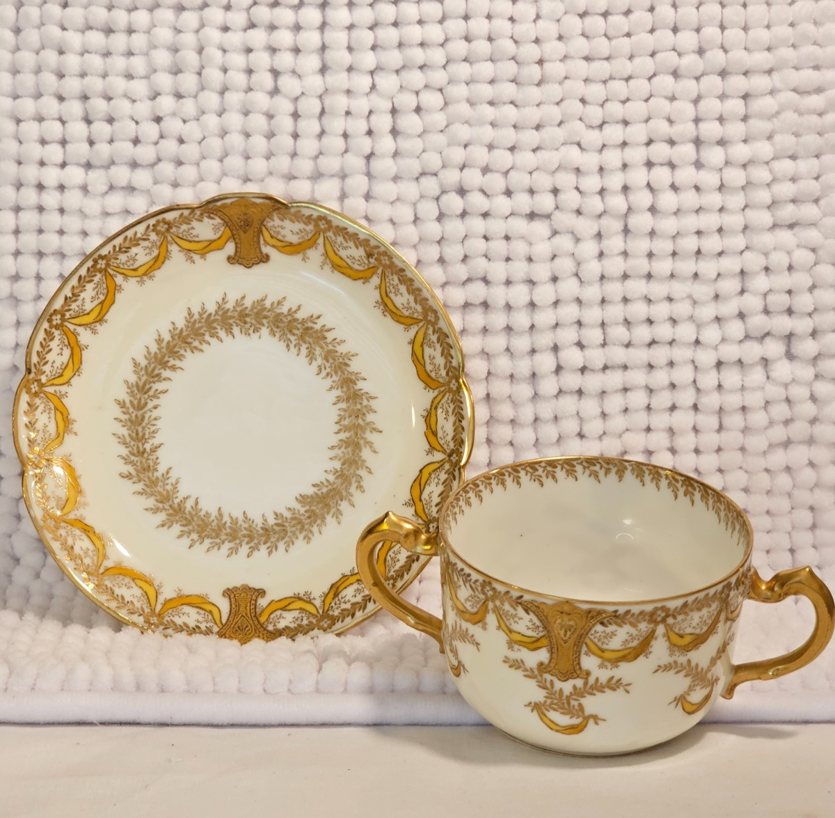 Bouillon cups w/ saucers, set of three, vintage china, Haviland, Vignaud, Saxe