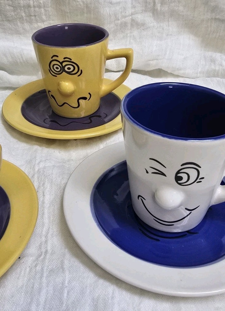 Funny Face Espresso Coffee Mugs With Matching Saucers Ceramic 2.50 Inches Taĺl