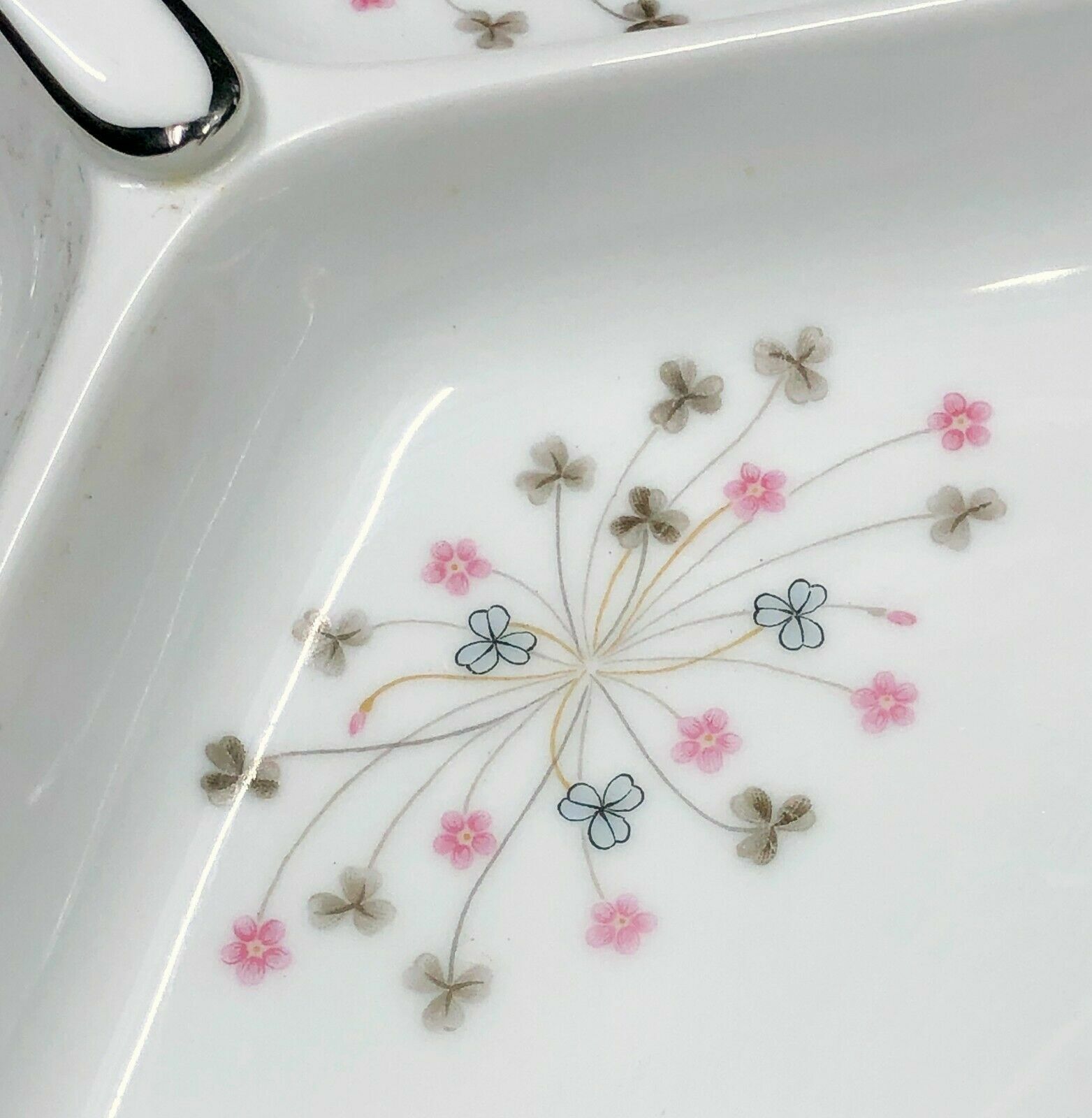Vintage Noritake Divided Serving Dish Pink Flowers Gray Clovers Handled 10″