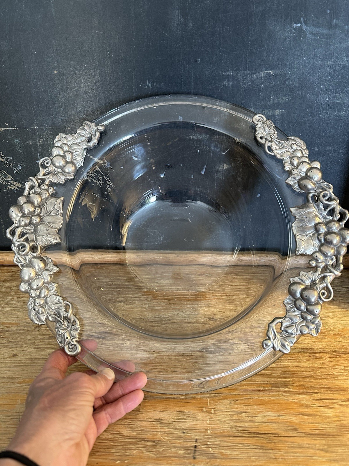 Arthur Court Vintage Glass Serving Bowl Aluminum Grape Edging Handles 1998