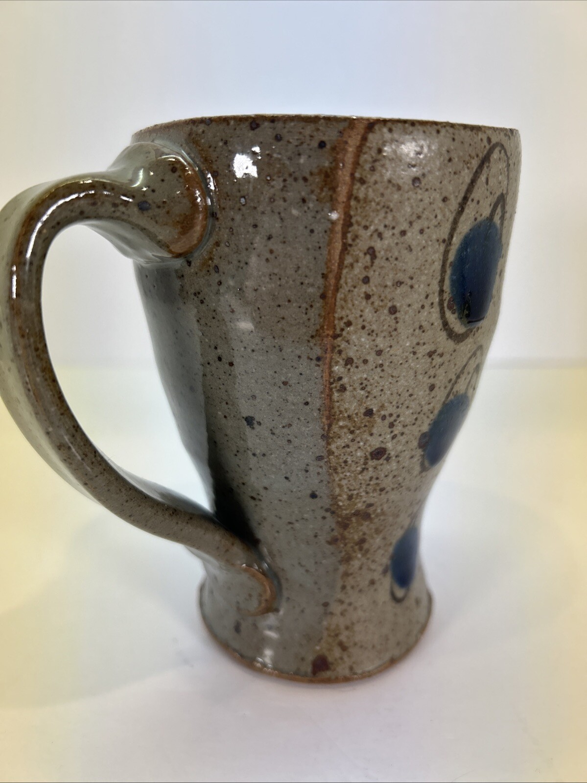 Studio Art Pottery Mug Gray Beige Blue Spotted Signed SRF 5”